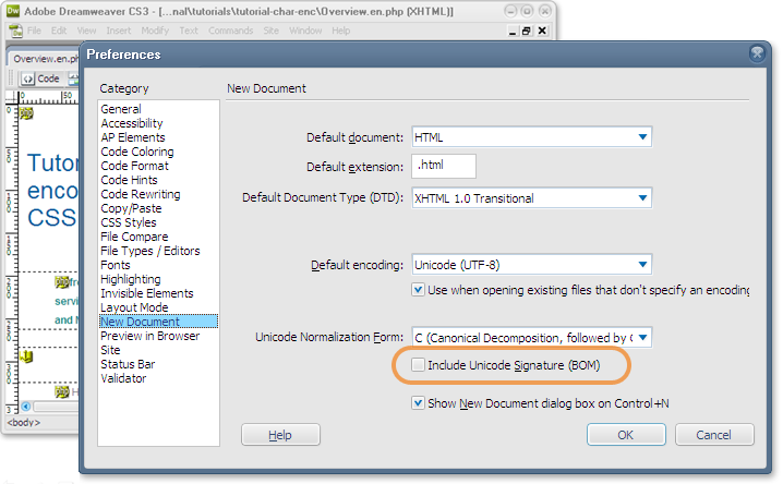 BOM preferences on a dialog panel.