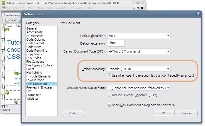 Dreamweaver's new document preferences allow you to specify a default encoding.