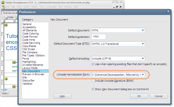 Unicode normalization form preferences on a dialog panel, showing NFC selected.