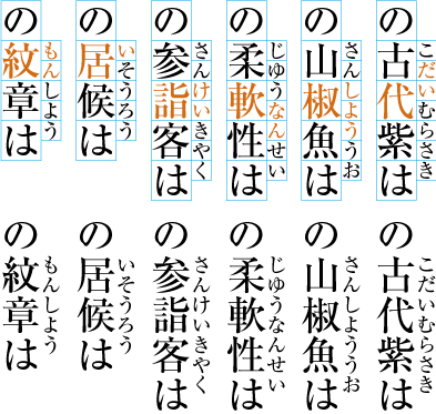 Jukugo-ruby distribution 6 (examples of ruby characters to overhang the succeeding non-base characters).