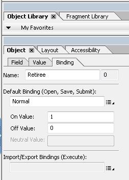 LiveCycle Designer Object palette, Binding tab.
