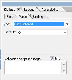 LiveCycle Designer Object palette, Value tab options.