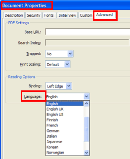 Specifying the default language in Adobe Acrobat's Properties dialog.