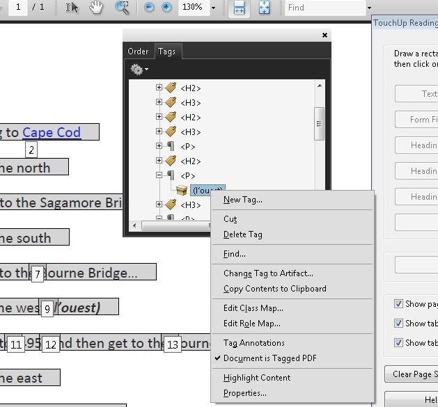 Specifying the language for a word in text using the Show Order Panel of the TouchUp Reading Order tool.