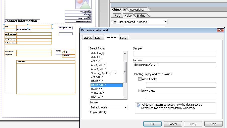 Using LiveCycle to specify form fields that require pattern validation