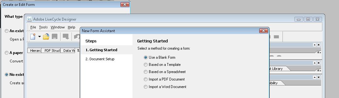 LiveCycle Designer and the first page of the New Form Assistant.